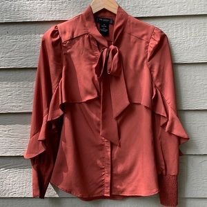 MM Couture Burnt Orang Persimmon Ruffle Cowgirl Pussywillow Bow Blouse